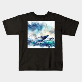 Artistic illustration of speed boats racing off the coast Kids T-Shirt